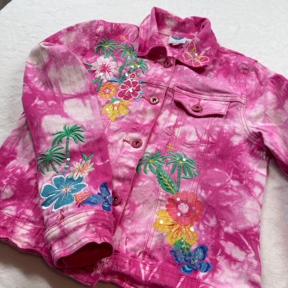 DG2 by Diane Gilman Denim Jacket Womens XS Pink Tie Dye Tropical Embroidered Exc